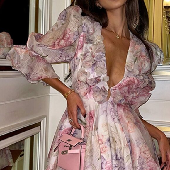 Floral Print Ruffled Mini Dress with Deep V-Neck | Formal Dress w/ 3/4 Sleeves - Picture 4 of 11